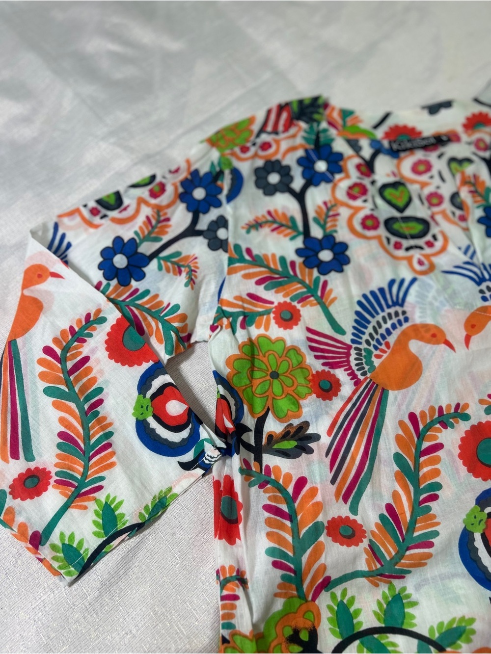 KikiSol V-neck White Multicolor Floral & Bird Print Tunic 100% Cotton Sz. L - Picture 9 of 12
